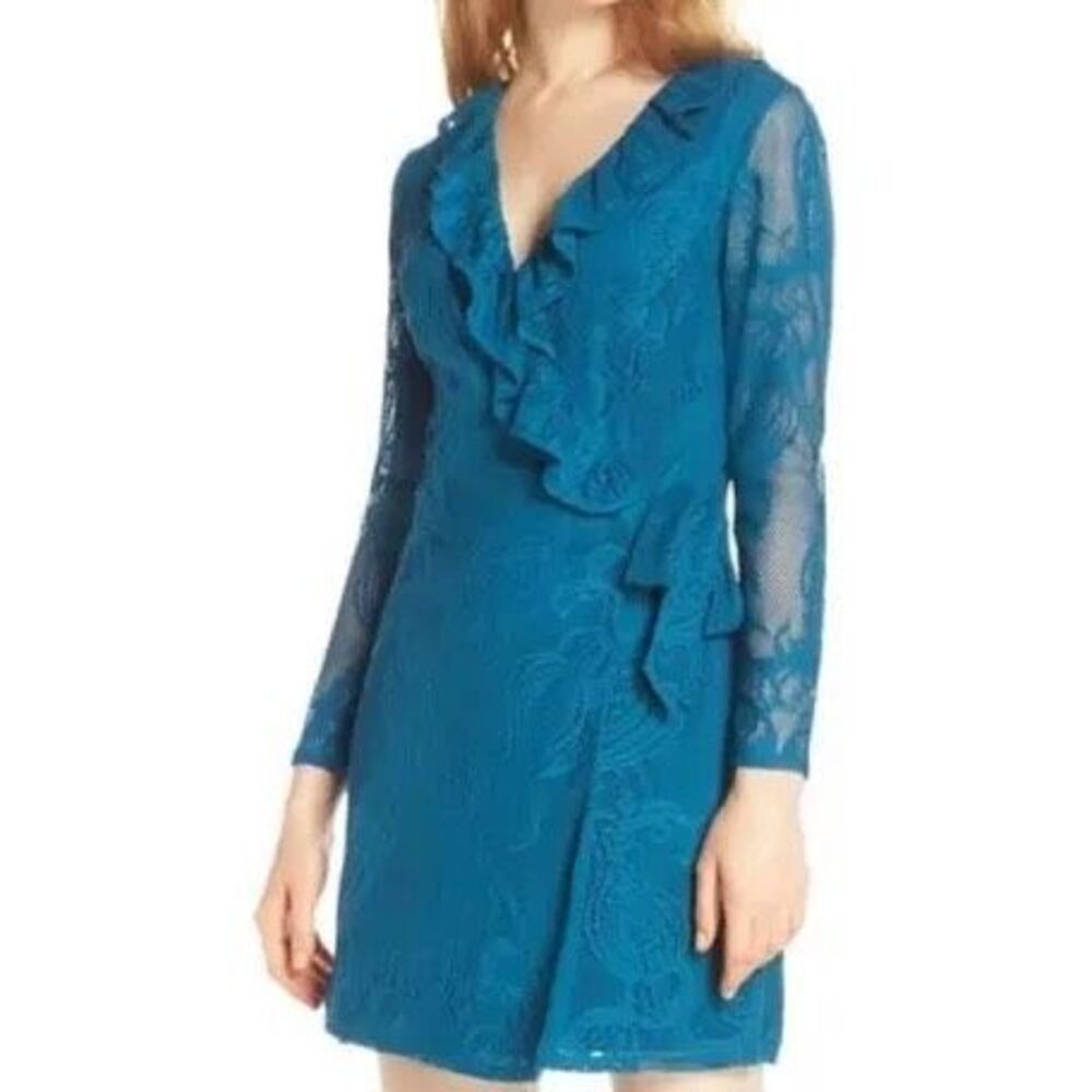 Lilly Pulitzer Size M Tiki Wrap Ruffle Romper Teal Lace Overlay Dressy Cocktail